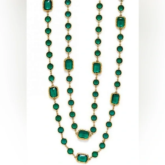 Vintage CHANEL Gripoix Glass Emerald Crystal Chicklet Sautoir Statement Necklace - Picture 6 of 16
